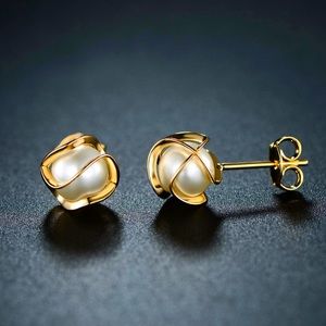NEW 18K Gold Plated Caged Pearl Stud Earrings - Made In Brazil